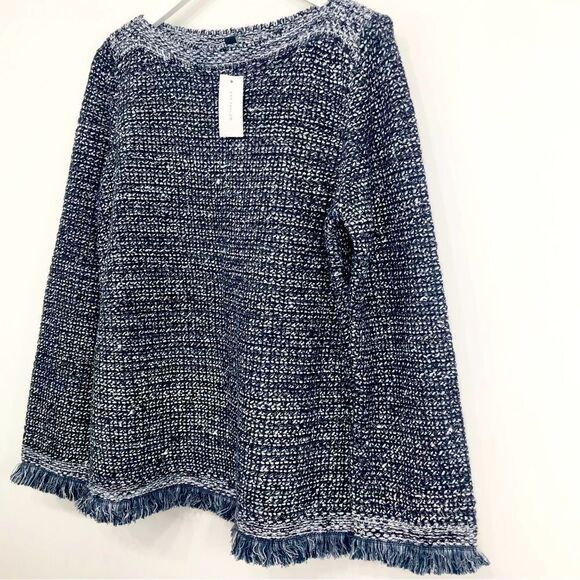 Ann Taylor Navy Blue Metallic Silver Sequin Boat Neck Fringed Knit Sweater - Picture 9 of 16
